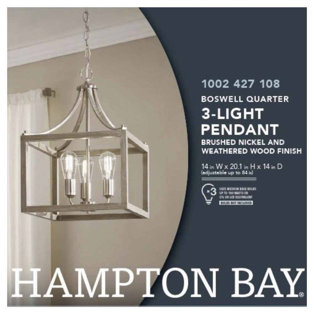 Hampton Bay Boswell Quarter 3-Light Pendant Brushed Nickel Weathered Wood 14in
